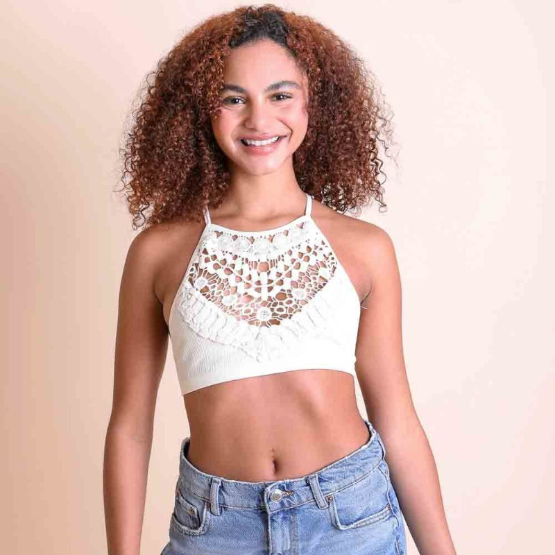 Women Crochet Lace Halter Neck Crop Top – Sleeveless Boho Bralette