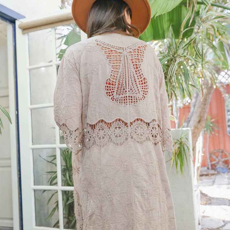 Boho Lace Longline Kimono Cardigan Open Front Embroidered Cover Up