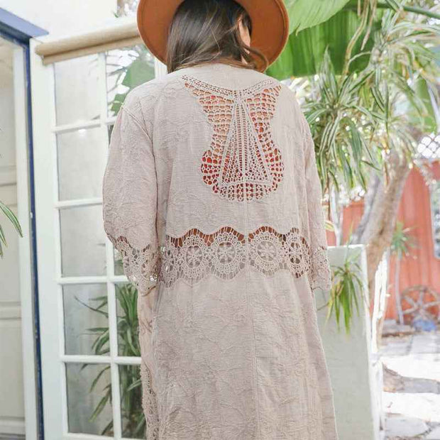 Boho Lace Longline Kimono Cardigan Open Front Embroidered Cover Up