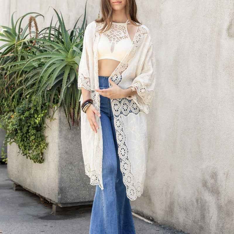 Boho Lace Longline Kimono Cardigan Open Front Embroidered Cover Up