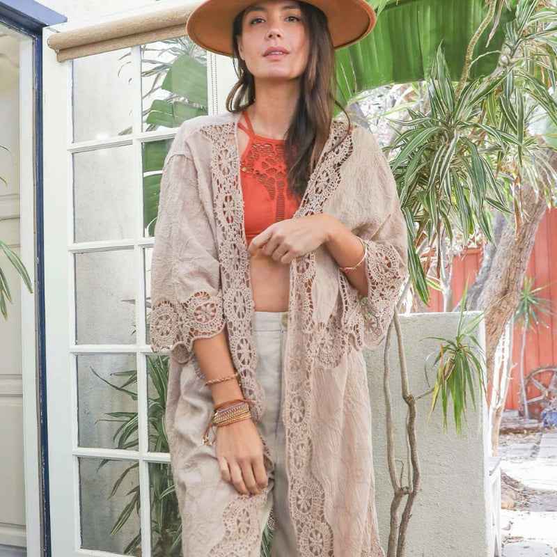 Boho Lace Longline Kimono Cardigan Open Front Embroidered Cover Up