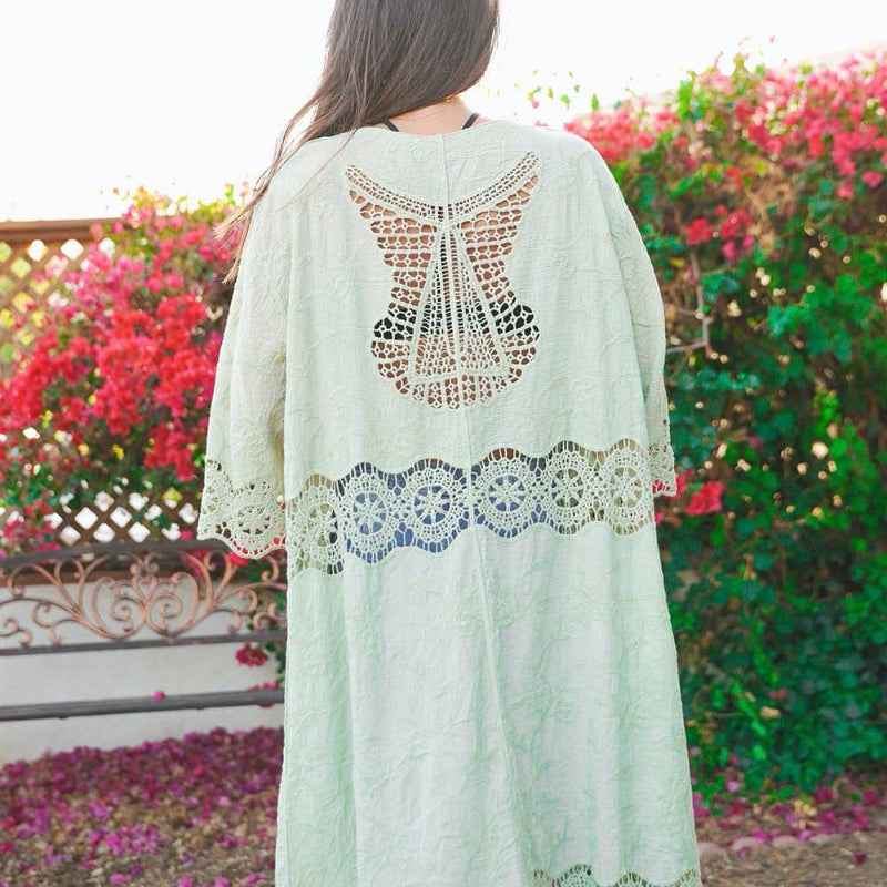 Boho Lace Longline Kimono Cardigan Open Front Embroidered Cover Up