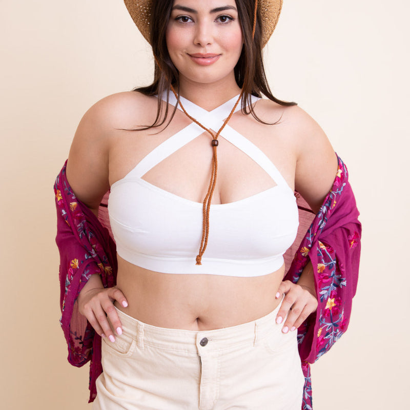 White Halter Crop Top with Floral Sheer Kimono Cover-Up
