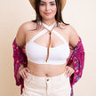 White Halter Crop Top with Floral Sheer Kimono Cover-Up