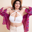 White Halter Crop Top with Floral Sheer Kimono Cover-Up