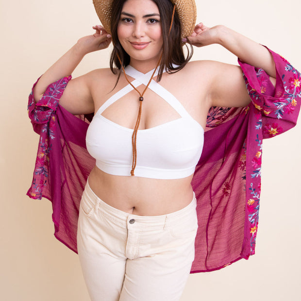 White Halter Crop Top with Floral Sheer Kimono Cover-Up