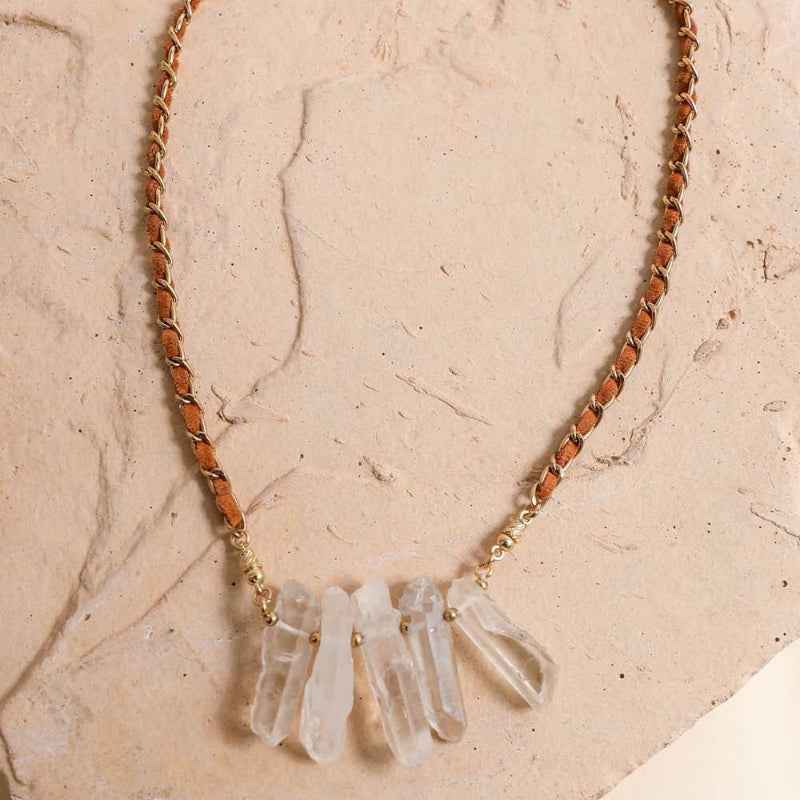 Crystal Pendant Necklace Brown Beaded Chain Gold Accent
