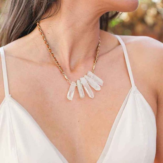 Crystal Pendant Necklace Brown Beaded Chain Gold Accent
