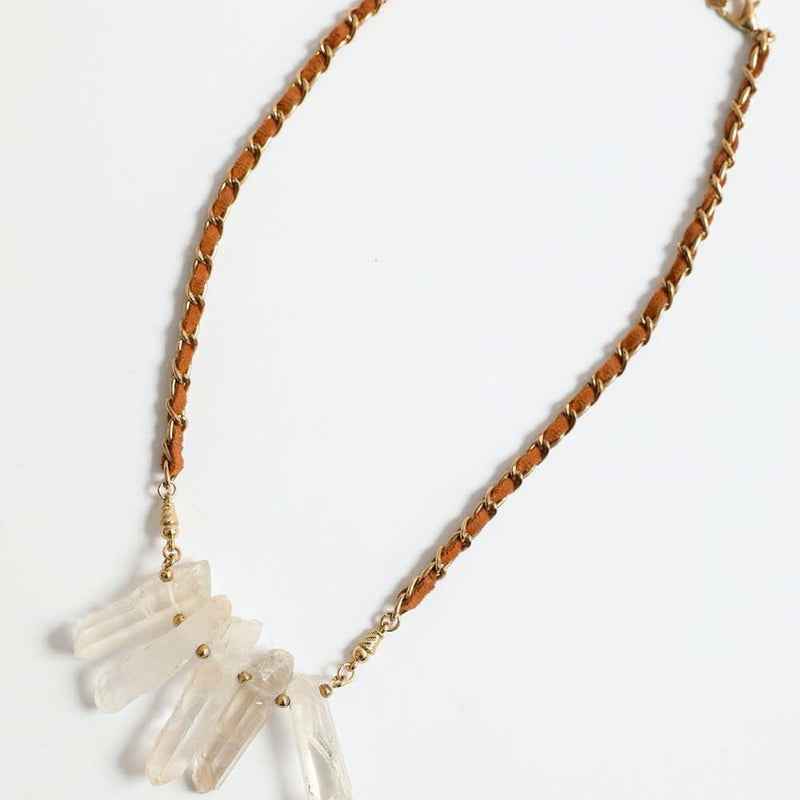 Crystal Pendant Necklace Brown Beaded Chain Gold Accent