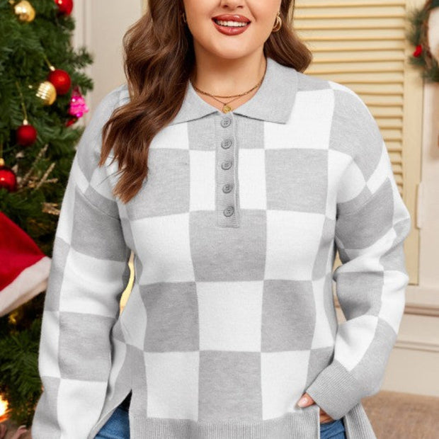 Women’s Grey & White Check Knit Henley Sweater