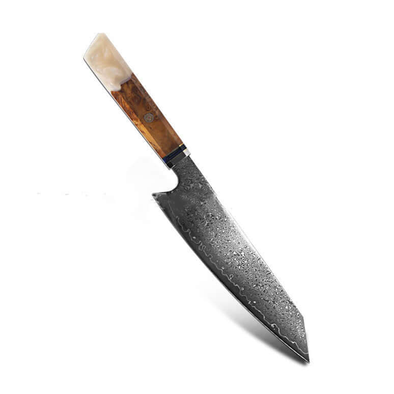 Japanese Damascus chef knife with a sharp blade and ergonomic handle, perfect for precise cooking.