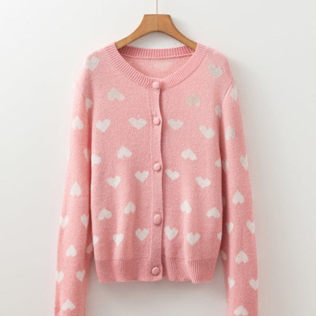 Pink Heart Pattern Knit Button-Front Cardigan for Women
