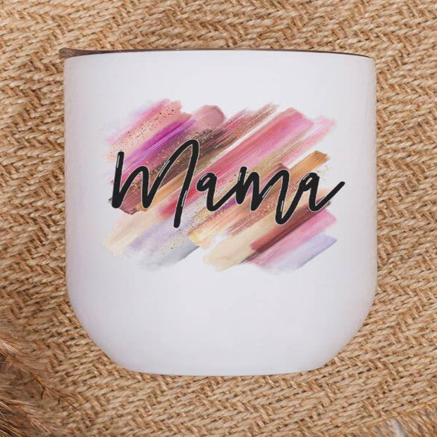 Blessed Mama wine cup with colorful brush strokes design, perfect gift for moms celebrating special occasions.
