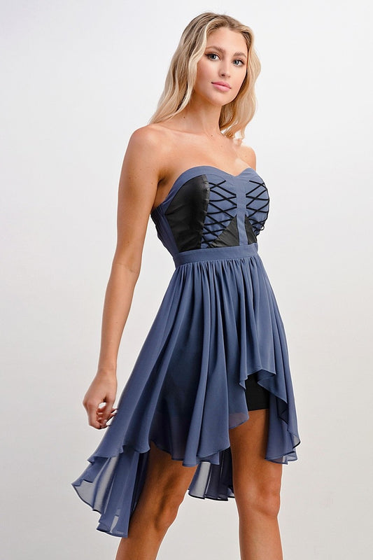 Strapless High-Low Lace-Up Dress