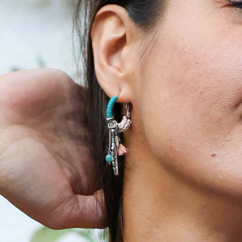 Dainty Feather Charm Hoop Earrings with Beads and Tassel Details