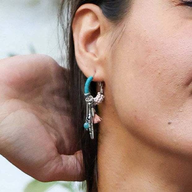Dainty Feather Charm Hoop Earrings with Beads and Tassel Details