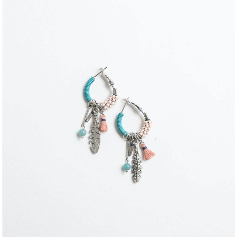 Dainty Feather Charm Hoop Earrings with Beads and Tassel Details