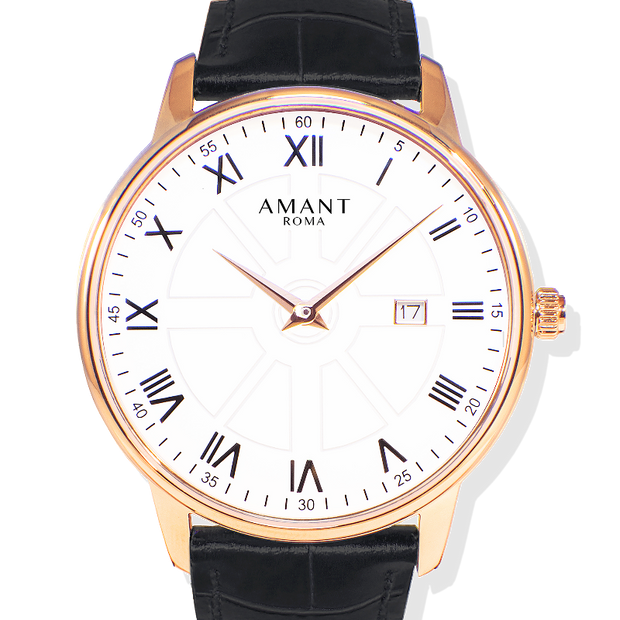 Classic White Dial Roman Numeral Leather Strap Watch