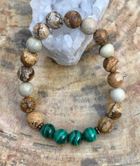 Genuine Malachite & Picture Jasper Stretch Bracelet! Rare Gemstone!