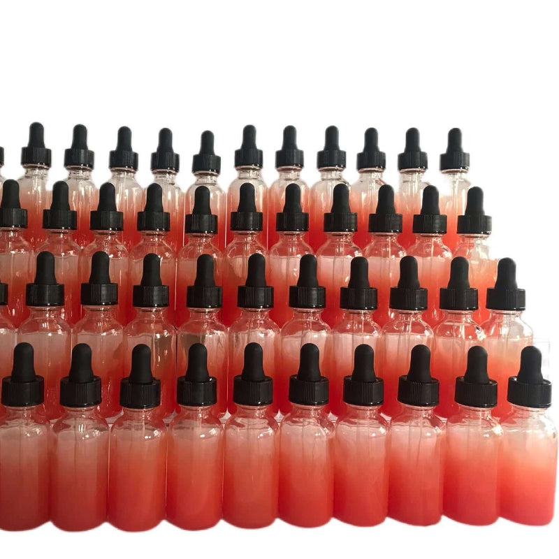 48 PACK OF 1oz ORANGE GLASS DROPPER BOTTLES displayed in a grid with black dropper tops, showcasing the gradient orange color.