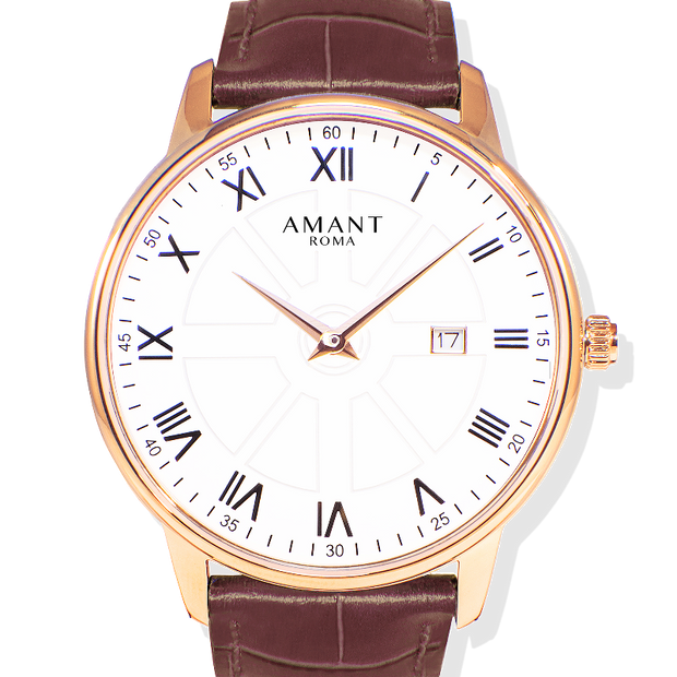Classic White Dial Roman Numeral Leather Strap Watch