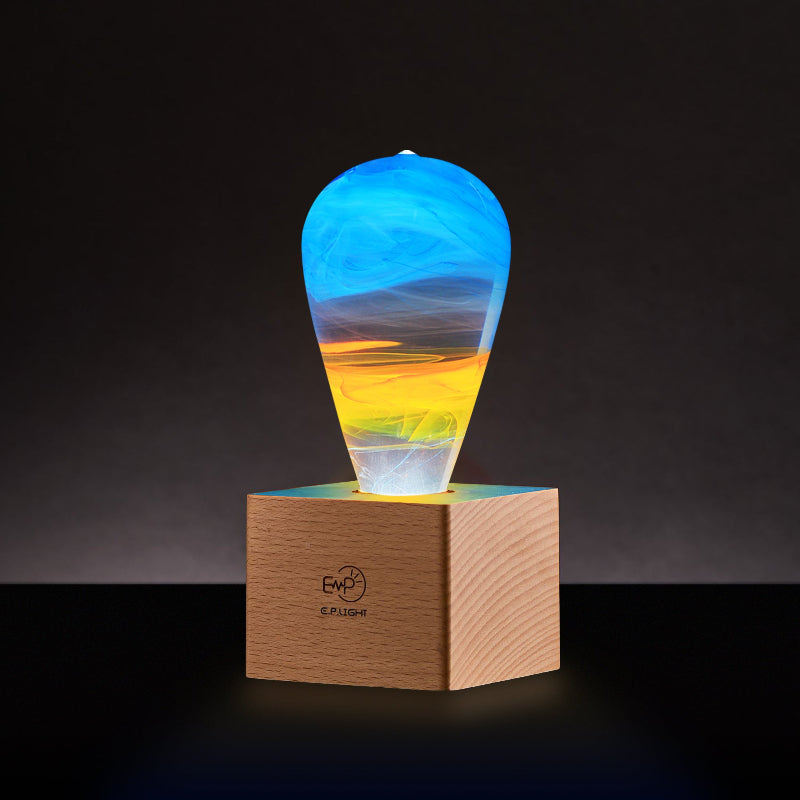 LED Light Bulb Lamp with Wooden Base - Colorful Sunset Design