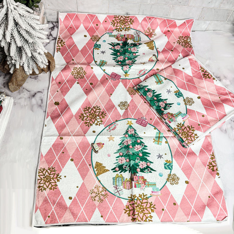 Christmas Tree Pink Argyle Pattern Soft Blanket with Snowflakes Design