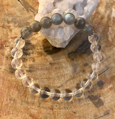 Bracelet extensible en labradorite et cristal de quartz ! Flash bleu et fait main !