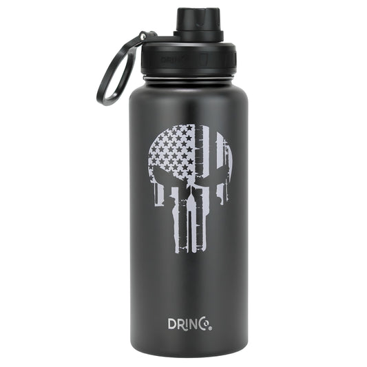 Botella de agua de acero inoxidable DRINCO® de 32 oz, diseño de calavera, color negro