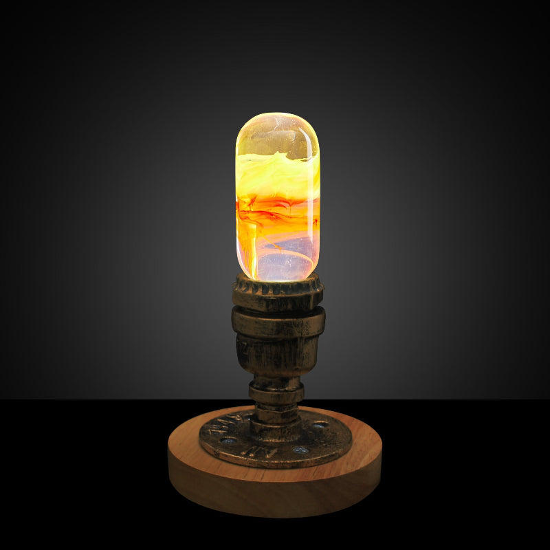 Yellow Orange Swirl Glass Decorative Lamp Bulb with Wooden and Metal Base