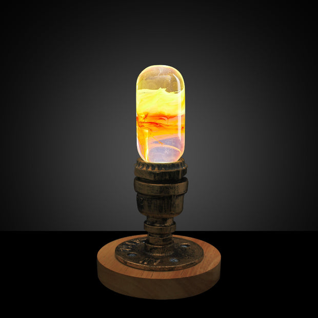 Yellow Orange Swirl Glass Decorative Lamp Bulb with Wooden and Metal Base