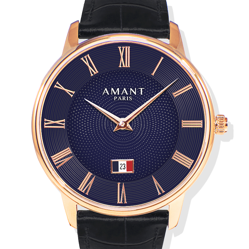 AMANT PARIS Blue Roman Numeral Dial Leather Strap Watch