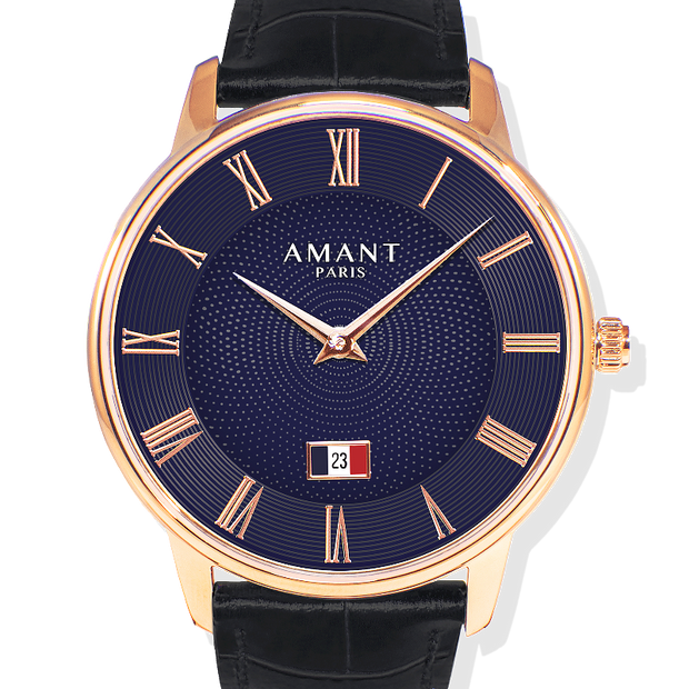 AMANT PARIS Blue Roman Numeral Dial Leather Strap Watch