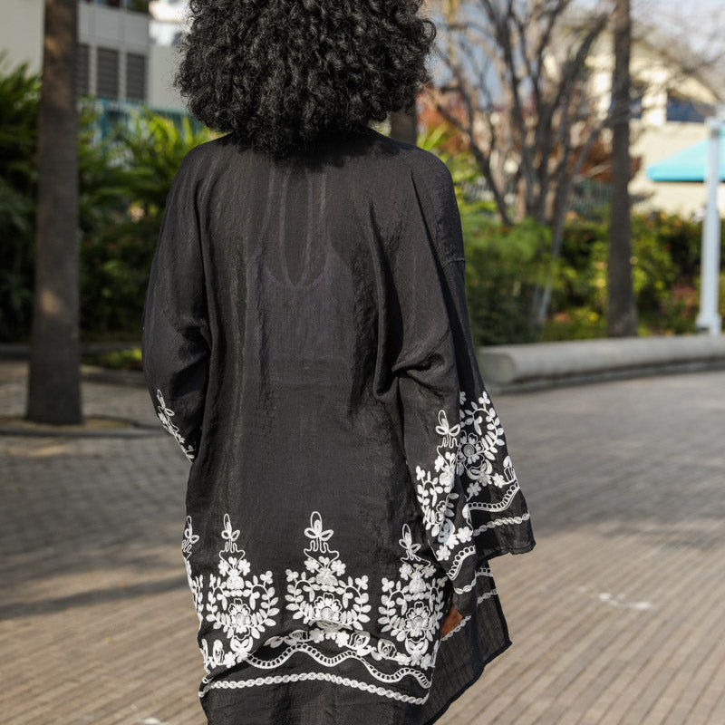 Women Embroidered Kimono Cardigan Open Front Lightweight Cover Up