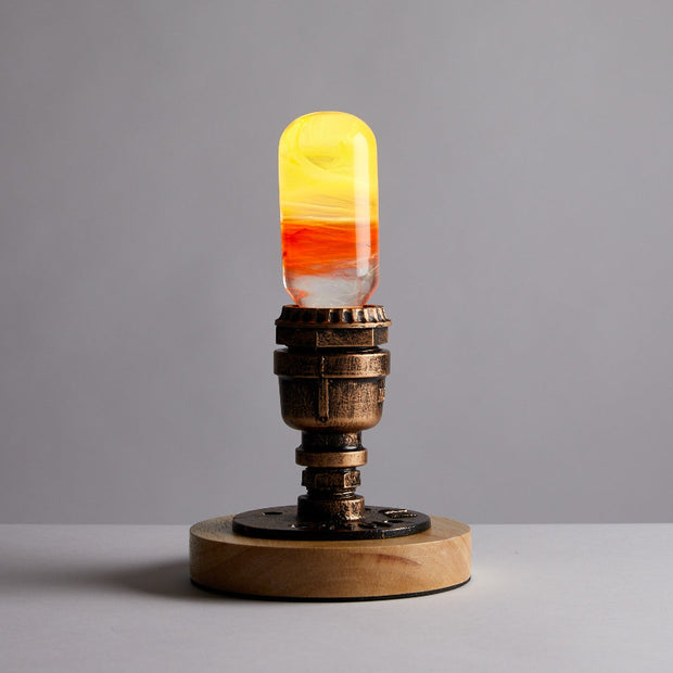 Yellow Orange Swirl Glass Decorative Lamp Bulb with Wooden and Metal Base