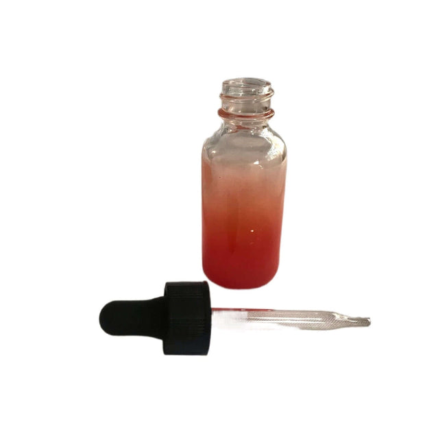 6 pack of 1oz orange glass dropper bottles with black pipette tops, showcasing an artistic gradient design.