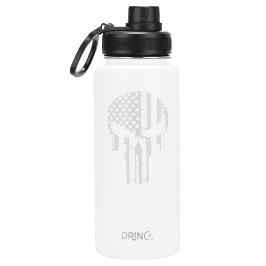 Botella de agua de acero inoxidable DRINCO® de 32 oz, diseño de calavera, color blanco ártico