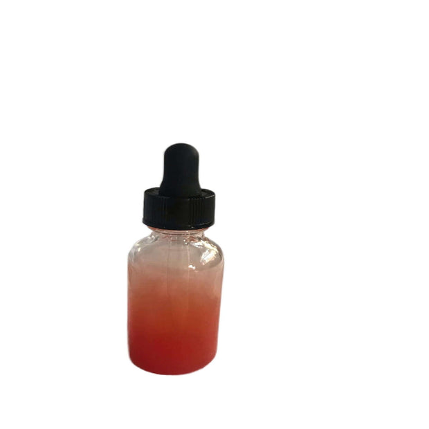1oz orange glass dropper bottles with black pipette tops, displaying a gradient color from light to dark.