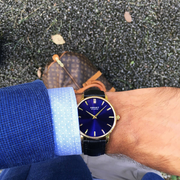 AMANT ATLANTIS Blue Dial Minimalist Leather Strap Watch