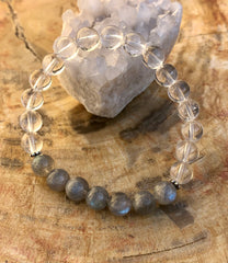 Bracelet extensible en labradorite et cristal de quartz ! Flash bleu et fait main !