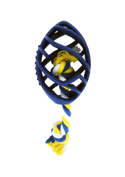 Juguete masticable de goma con forma de balón de fútbol para perros con cuerda para tirar