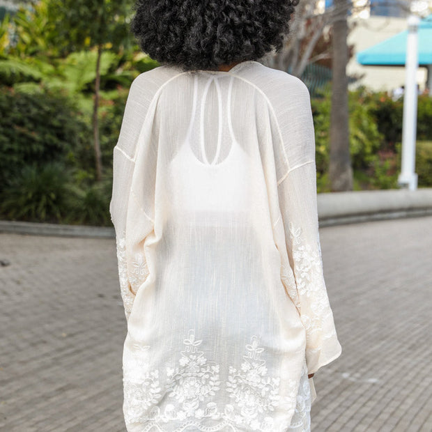 Women Embroidered Kimono Cardigan Open Front Lightweight Cover Up