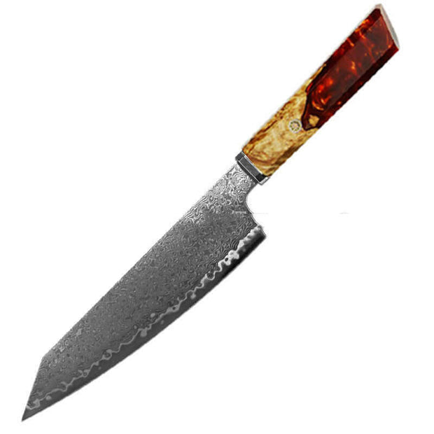 Japanese Damascus chef knife with a sharp, durable blade and ergonomic handle for precision cooking.