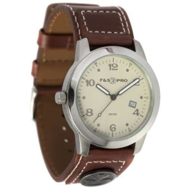 F&S Pro Men's Stainless Steel Watch with Brown Leather Band