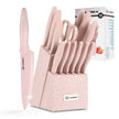 Rainbow titanium knife set displayed in elegant pink knife block with 14 essential kitchen knives and scissors.