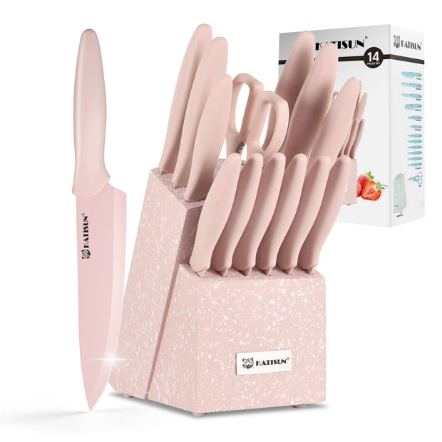 Rainbow titanium knife set displayed in elegant pink knife block with 14 essential kitchen knives and scissors.