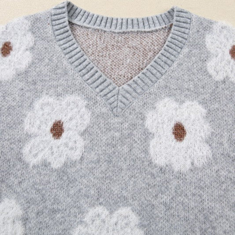 Grey Floral Knit Crewneck Sweater