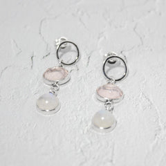 Rose Quartz & Rainbow Moonstone Open Circle Post Sterling Silver