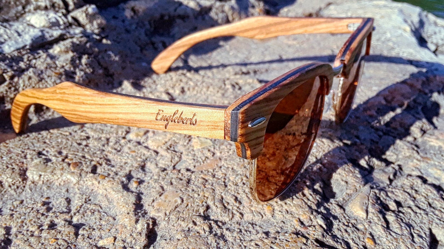 Real Ebony and ZebraWood Sunglasses With Bamboo Case, Tea Polarized