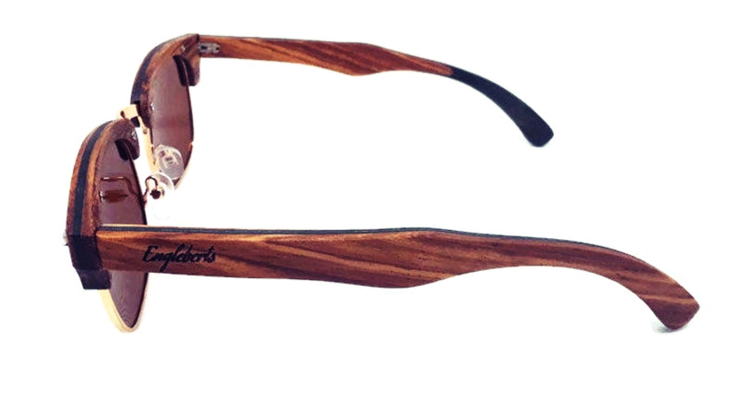 Full Wood, Half Rim Wooden Sunglasses With Bamboo Case, Tea Colored